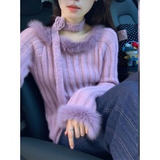 批发韩系氛围感穿搭巨好看紫色针织毛衣绝美独特漂亮<b class='q'>轻熟</b>短款上衣