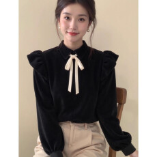 批发新中式女装黑色蝴蝶结小飞袖丝绒衬衫高级感显瘦气质国风<b class='q'>上衣</b>