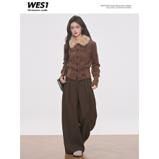 批发11.6新品 WESTAYONE咖色短款毛呢外套<b class='q'>修身</b>棉服女士小个子+阔腿裤