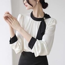 批发法式温柔领口<b class='q'>蝴蝶结</b><b class='q'>衬衫</b>女装2026春季新款拼色飘带设计感缎面上衣