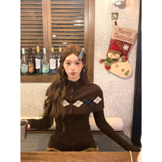 批发格纹设计长袖开衫披肩针织衫女套装毛衣<b class='q'>外套</b>秋上衣