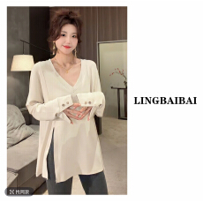 批发韩系简约侧开叉白色上衣女冬季<b class='q'>通勤</b>新款t恤今年流行爆款打底衫潮