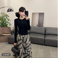 批发新款通勤<b class='q'>时尚</b>百搭圆领长袖小衫高腰中长款A字裙套装