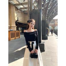 批发Catyears猫年 奢雅典范~网纱褶皱一字肩针织上衣+大A摆半身裙套装