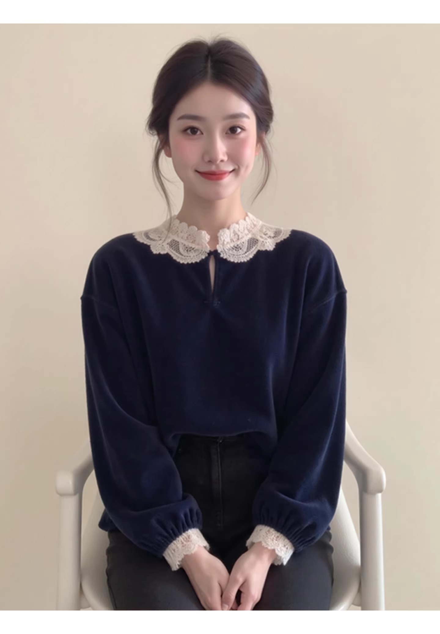 빛 요리 한 작은 대중 아니요 명중 섹션 해군 배색 레이스 조각 벨벳 맨위 여성 빛 국풍 인사이드 가져 가라. 작은 셔츠