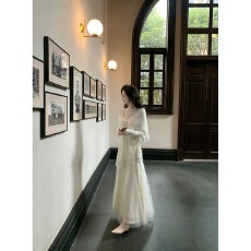 批发Sun雅乔月下伊人秋冬清冷感针织加厚网纱蕾丝拼接长袖<b class='q'>连衣裙</b>