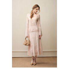 批发纤纤家 月下蝶影 粉色马海毛羊毛针织长袖上衣半身<b class='q'>长裙</b>两件套装女