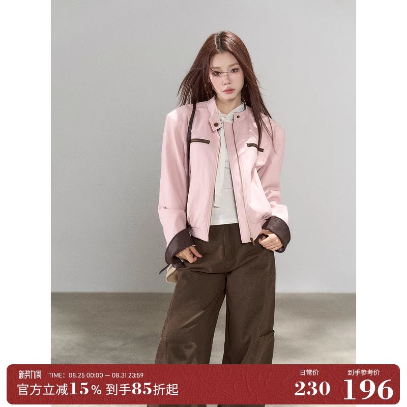 하나 오노 라스베리 핑크색 가죽 재킷 여성 코트 새로운 차가운 바람의 소리 고유 한 슈퍼 잘 생긴 캐주얼 재킷