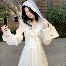 批发Blovelan溪涧听雪 气质款蕾丝多穿法兜帽收腰长裙