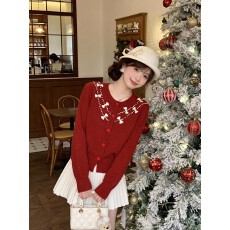 毛衣女2026新年慵懒小香风珍珠蝴蝶结收腰小个子针织套装