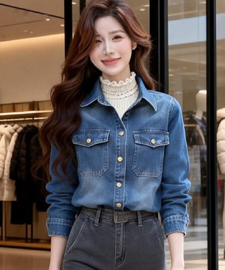 스타 흰색 사슴 같은 단락 클래식 레트로 이른 봄 殴打 아름다움 바람 스택 착용 진한 파란색 데님 셔츠 재킷
