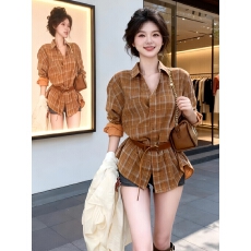 2026春季高级感格纹polo领衬衫女美式复古宽松显瘦百搭长袖上衣潮