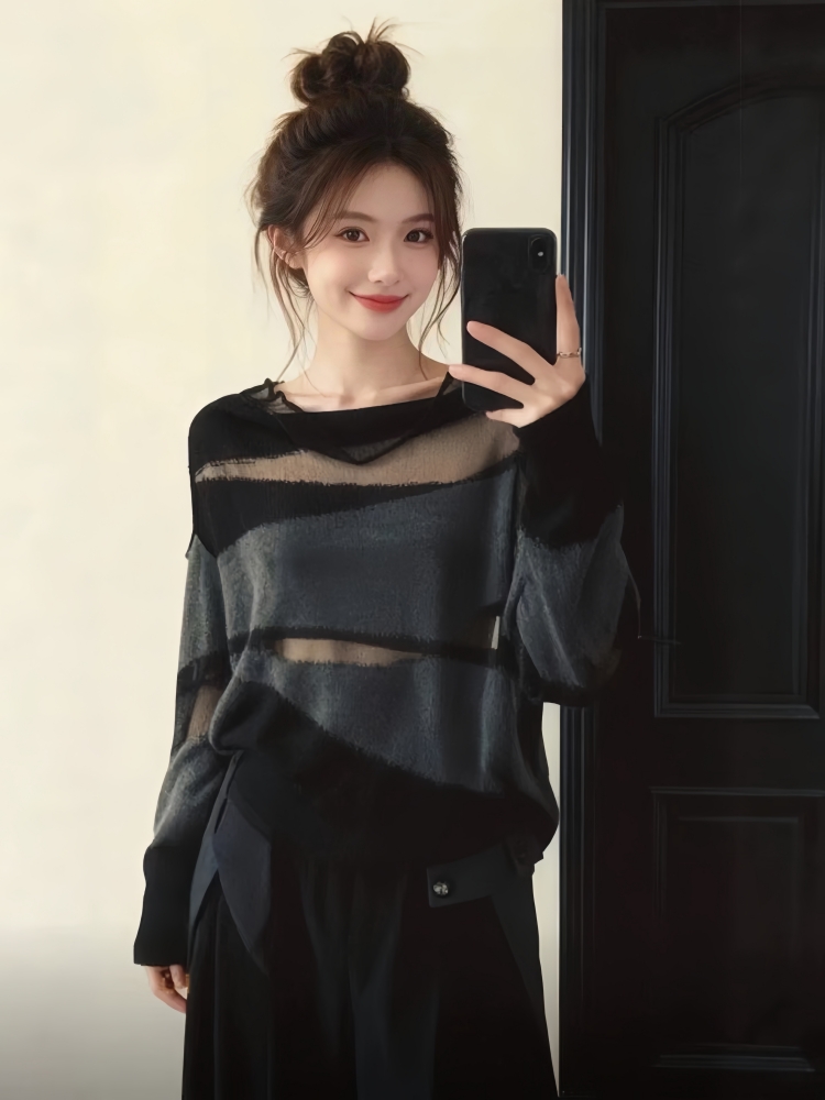 한 부서 망사 패치워크 디자인 센스 루즈핏 얼음 실크 블라우스 긴팔 티셔츠 여성 봄 2026 슈퍼 화재 연령 감소 맨위