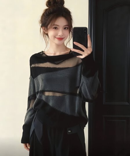 한 부서 망사 패치워크 디자인 센스 루즈핏 얼음 실크 블라우스 긴팔 티셔츠 여성 봄 2026 슈퍼 화재 연령 감소 맨위