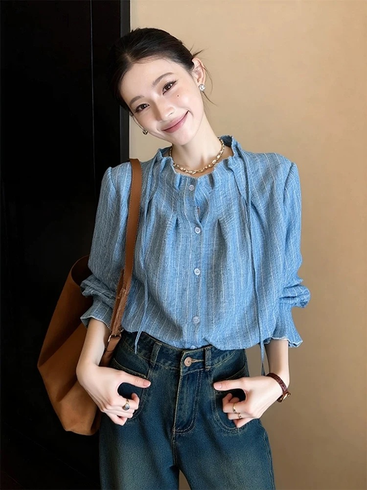 셔츠 여자 새로운 폭발 가을 겨울철 프랑스식 루즈핏 라운드 넥 레이크 블루 색상 셔츠 품격 긴팔 맨위