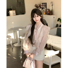 清楚系女友纯欲温柔粉蝴蝶衬衫套装女新款秋包臀短裙两件套