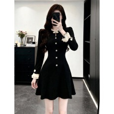 批发法式气质黑色小香风<b class='q'>连衣裙</b>女士春秋季收腰显瘦高级感裙子