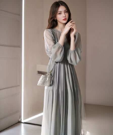 2026 봄 패션 품격 고급 절묘한 여신 팬 슈퍼 잘 생긴 회색 녹색 쉬폰 드레스