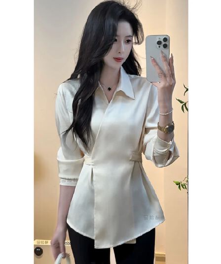 yuanliansu 둥근 얼굴 파삭 파삭 한 루오 S 마음 프랑스식 디자인 센스 V넥 십자가 스트랩 허리 수축 슬림해 보이는 셔츠