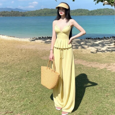 批发辣妹休闲套装女早春季性感纯欲黄色蕾丝吊带背心上衣<b class='q'>长裤</b>子两件套