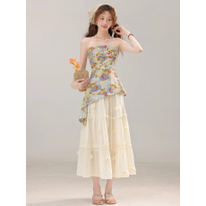 批发三<b class='q'>寸</b>藕左岸假日法式碎花无袖抹胸背心夏季不规则收腰上衣半身裙