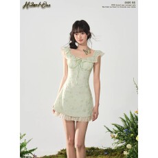 批发H2AN1 STUDIO丨原创<b class='q'>甜美</b>薄荷绿小飞袖收腰蓬蓬吊带碎花<b class='q'>连衣裙</b>女夏