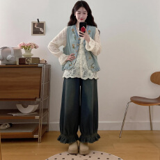 批发春季搭配一整套大码胖mm<b class='q'>衬衫</b>马甲<b class='q'>牛仔</b>裤子韩系减龄高级叠穿套装女