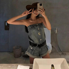 批发韩好甜WARDEN EDGE 蓝色<b class='q'>牛仔</b>短裤女夏季新款设计感<b class='q'>连体裤</b>连身短裤