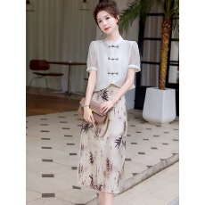 批发新中式改良<b class='q'>旗袍</b>连衣裙女夏季新款小个子高级感气质套装两件套