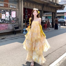 批发Acaine雏菊奶黄重工气质氛围感高级蕾丝印花仙气蛋糕裙碎花<b class='q'>长裙</b>