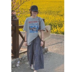 批发蓝色奇遇春夏新款韩版显瘦字母印花灰色T恤+<b class='q'>格子</b>半裙