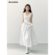 批发ANNATTO 仲夏夜 原创蝴蝶结挂脖荷叶边<b class='q'>上衣</b>蕾丝<b class='q'>裙摆</b>蓬感半裙套装