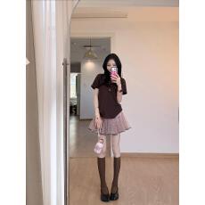 批发温柔风套装咖色正肩短袖T恤女装夏季波点半身<b class='q'>裙</b><b class='q'>网纱</b>蓬蓬<b class='q'>裙</b>两件套