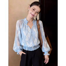 批发法式气质蓝色刺绣<b class='q'>真丝</b>长袖<b class='q'>衬衫</b>女春秋V领灯笼袖防晒上衣优雅<b class='q'>衬衣</b>