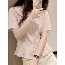 批发2026年夏季新款韩版上衣凉感大码百搭显瘦淡粉色娃娃领短袖衬衫女