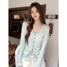 批发韩系巨好看的薄荷绿翻领上衣女2026年<b class='q'>春</b>季新款长袖小衫设计感小众