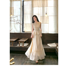批发凌茜恣禾 晚山晴'法式蕾丝拼接<b class='q'>套装</b>裙女夏无袖上衣高腰大摆半身裙