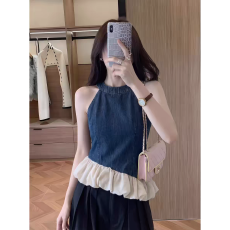 批发小众不撞款气质撞色荷叶边<b class='q'>牛仔</b><b class='q'>背心</b>夏季新款辣妹百搭上衣女装