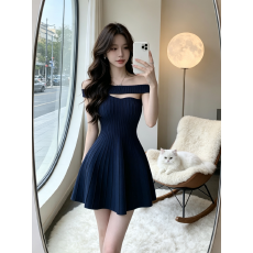 批发古早千金斜领/半边吊带两穿针织<b class='q'>连衣裙</b>显瘦仙女短裙