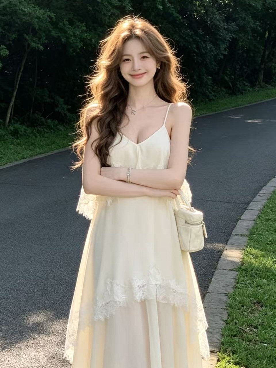 미니멀리즘 품격 숙녀 슬립 쉬폰 몸매 가꾸기 슬림해 보이는 롱 스커트 여성 일상 야외 사진 찍기 요정 휴가 드레스
