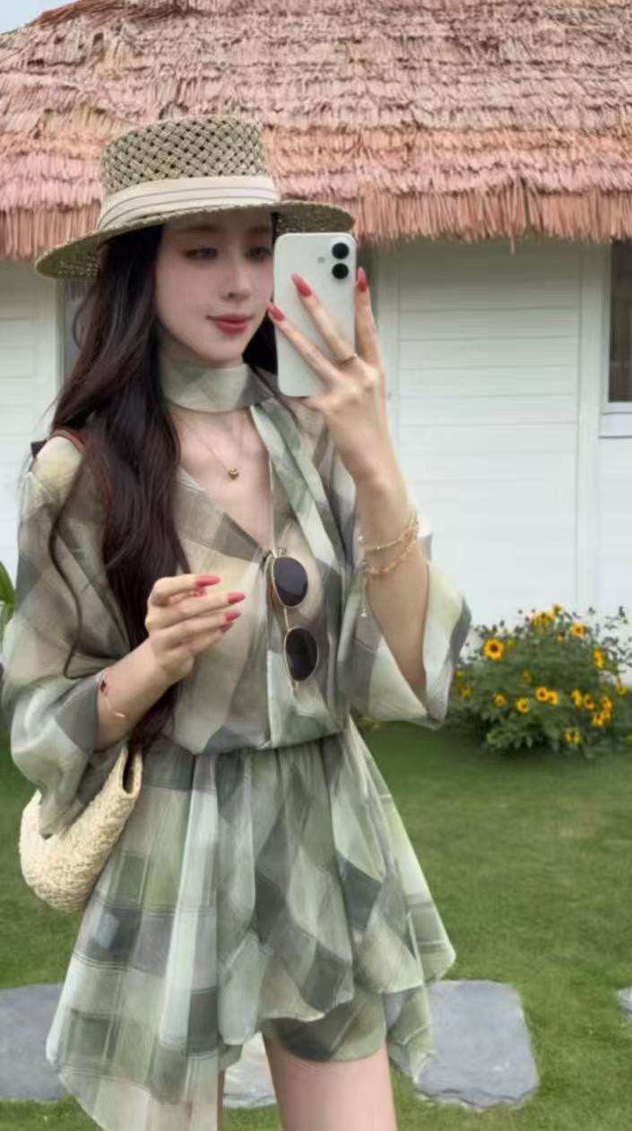 꽃 리플 그것 여름 프랑스식 낭만주의 바람 레트로 리본 체크무늬 드레스 반바지 세트 여름 착용 가져 가라. 여성
