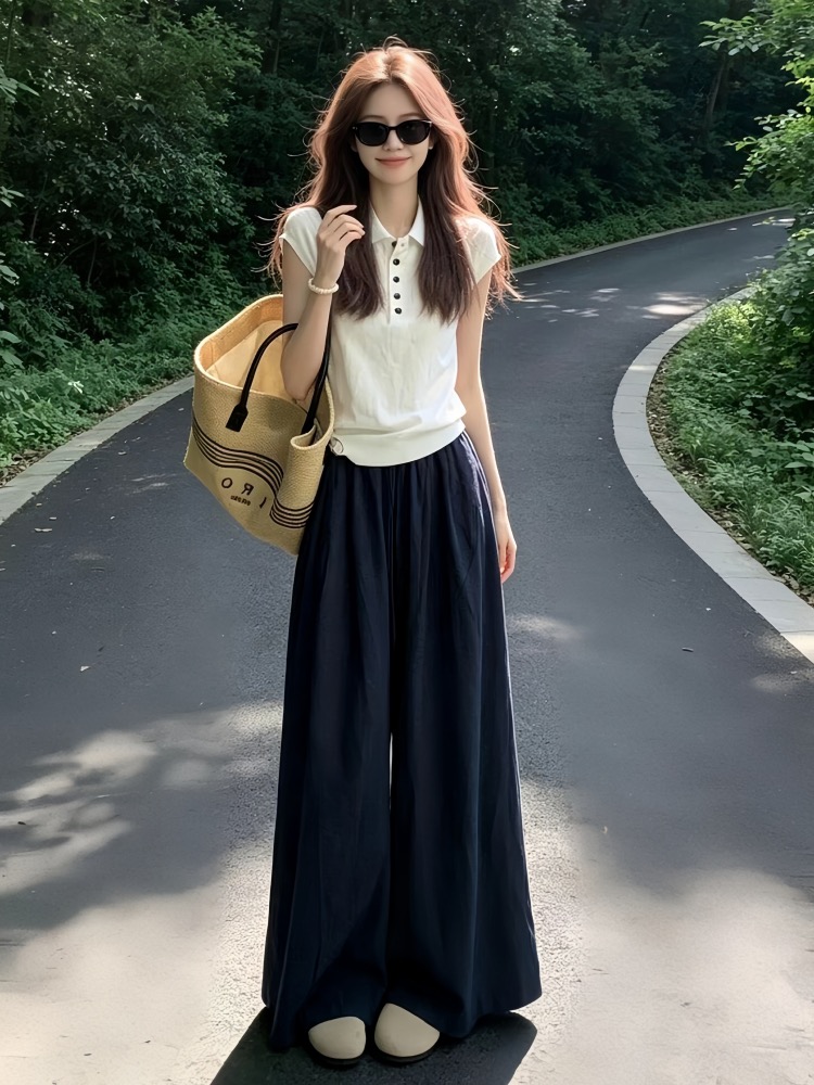 빛 사람들 높음 지혜 센스 한 부서 착용 가져 가라. 전체 집합 느긋한 캐주얼 POLO 칼라 반팔 와이드 레그 팬츠 어린이 투피스 슈트 여성