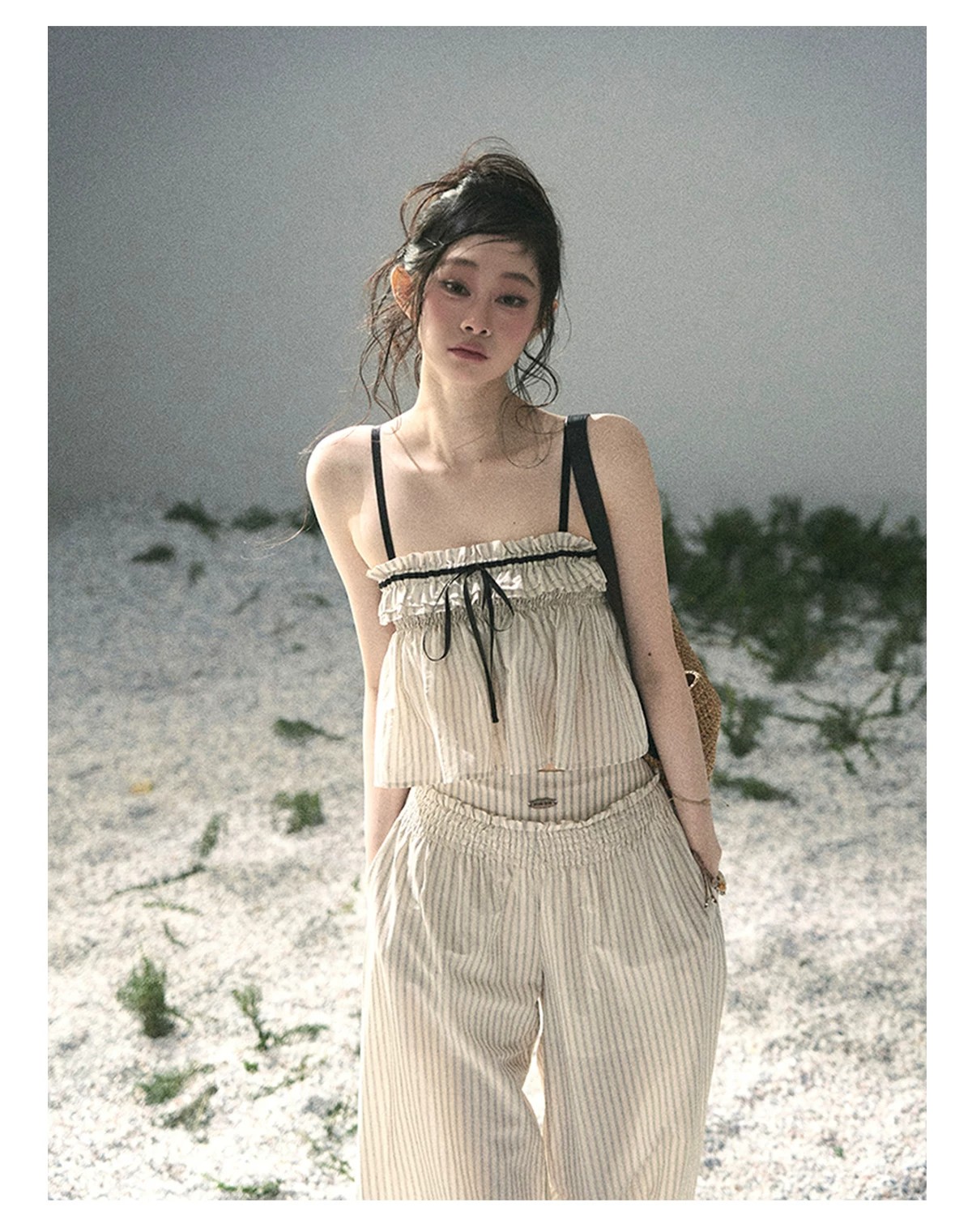 aomalm 덜 또한 눈 얕은 여름 제직 청 꿈 한 부서 캐주얼 스트라이프 세트 여성 여름 맨위 긴 바지 투피스 세트