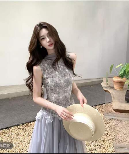 무쯔리 목자이 ~ 중 리 제직 밀가루 포함 꽃 감기 품격 3 차원 꽃잎 레이스 망사 패치워크 민소매 허리 수축 맨위