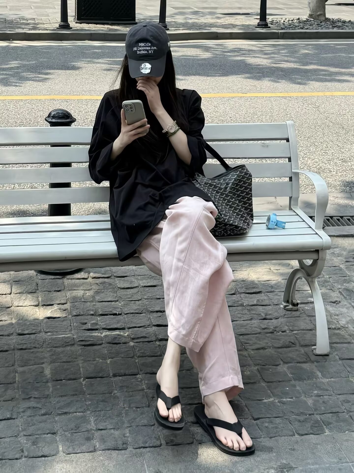 전체 집합 ootd 착용 가져 가라. 느슨함 센스 느긋한 캐주얼 검정색 자외선 차단 맨위 아마 와이드 레그 팬츠 세트 여성