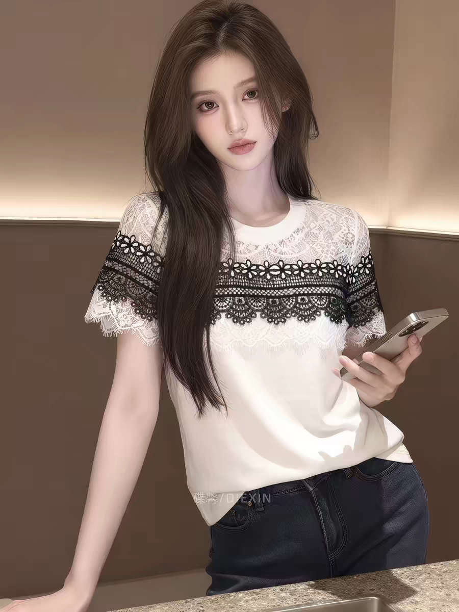 여름 새로운 고급 디자인 센스 레이스 조각 반팔 티셔츠 여성 화이트 다용도 외국 가스 세련된 맨위