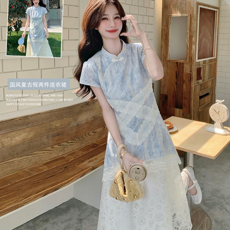 새로운 중식 레트로 페이크 레이어드 개선 치파오 드레스 여성 여름 2026 년 새로운 자이언트 잘 생긴 폭발 화재 다용도 롱 스커트