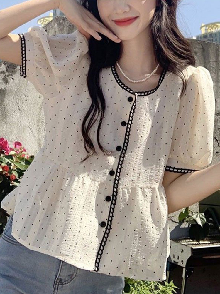 여름 달콤함 Chic 디자인 센스 맨위 티셔츠 여성 작은 대중 품격 루즈핏 도트 무늬 작은 샤넬 스타일 반팔 셔츠 트렌디