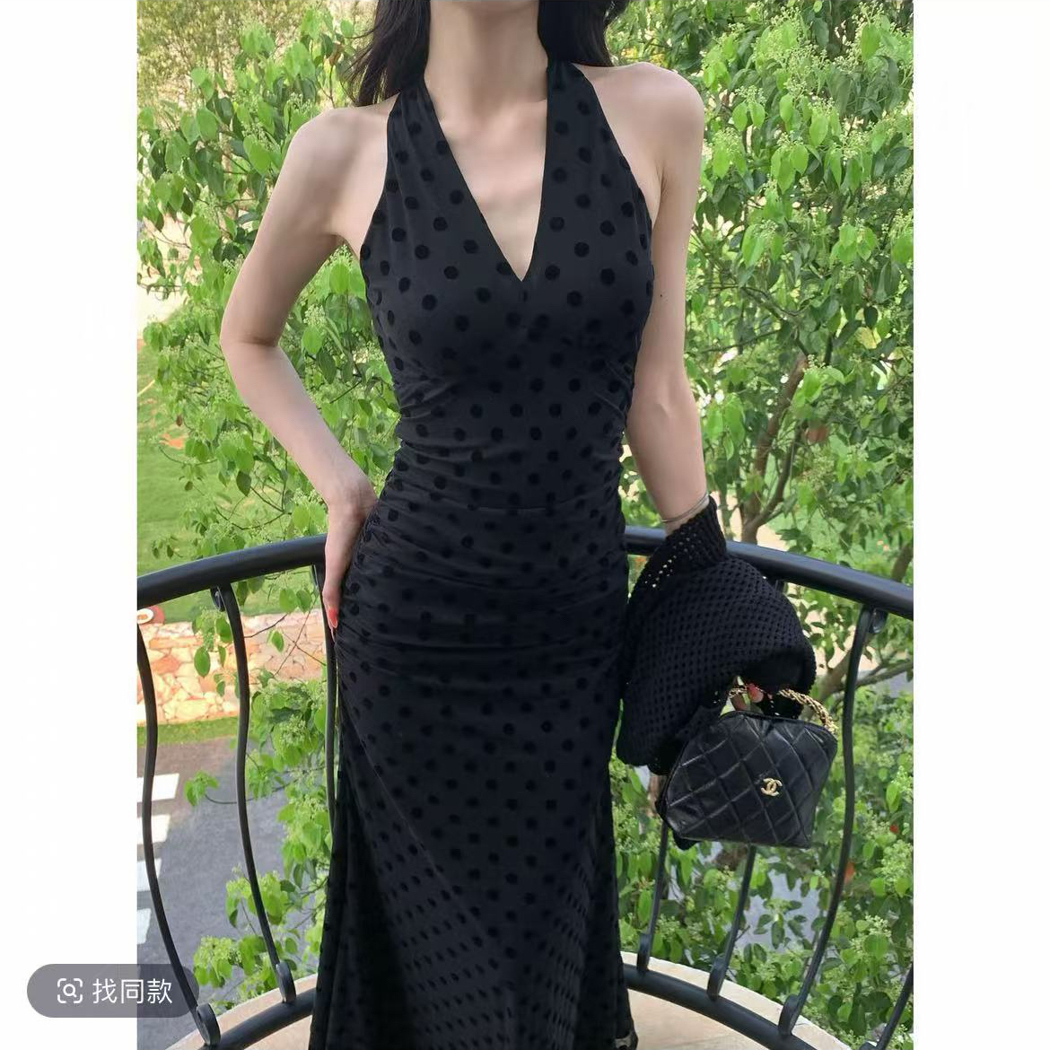 jijinqi 패션 여름 몸매 가꾸기 품격 도트 무늬 허리 수축 V넥 드레스