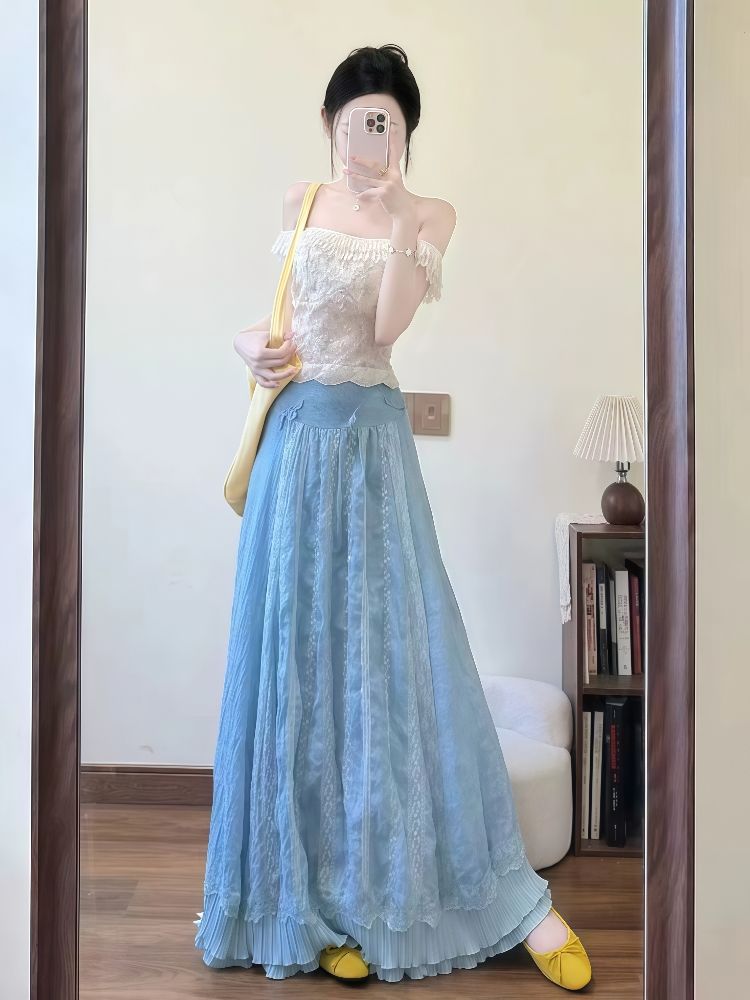 전체 집합 프랑스식 품격 부드러운 바람 흔들다 칼라 반팔 맨위 여성 여름 ootd 착용 가져 가라. 하이웨이스트 타이트 스커트 반신 스커트